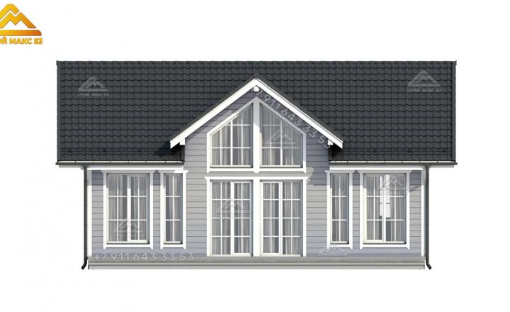 3-д визуализация переднего фасада двухэтажного каркасного дома со вторым светом